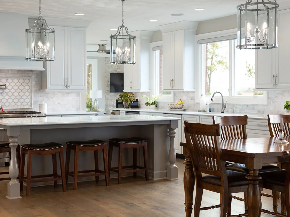 Bright custom kitchen with broad island